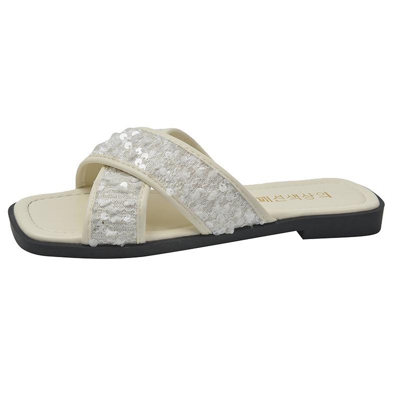 Sequined Cross-strapped Cool Slippers Summer New Outer Wear Flat-bottomed Casual High-end One-pedal Slippers