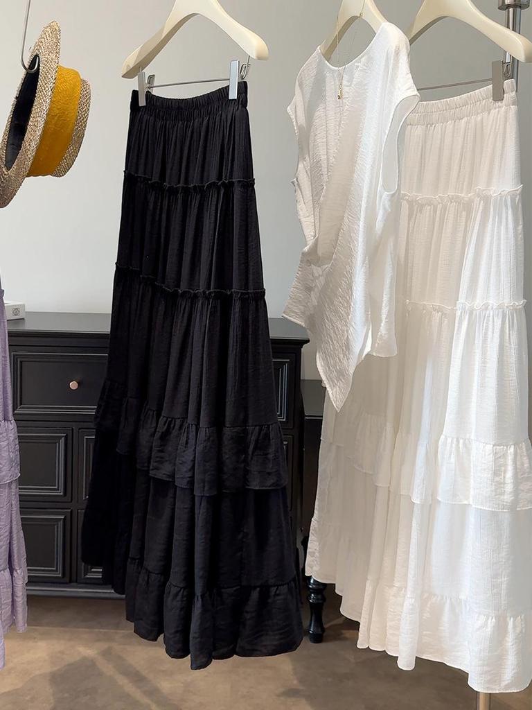 Women's High-Waist Ruffle Patchwork Skirt: Solid Color, Layered Long Hem for Spring/Summer 2026