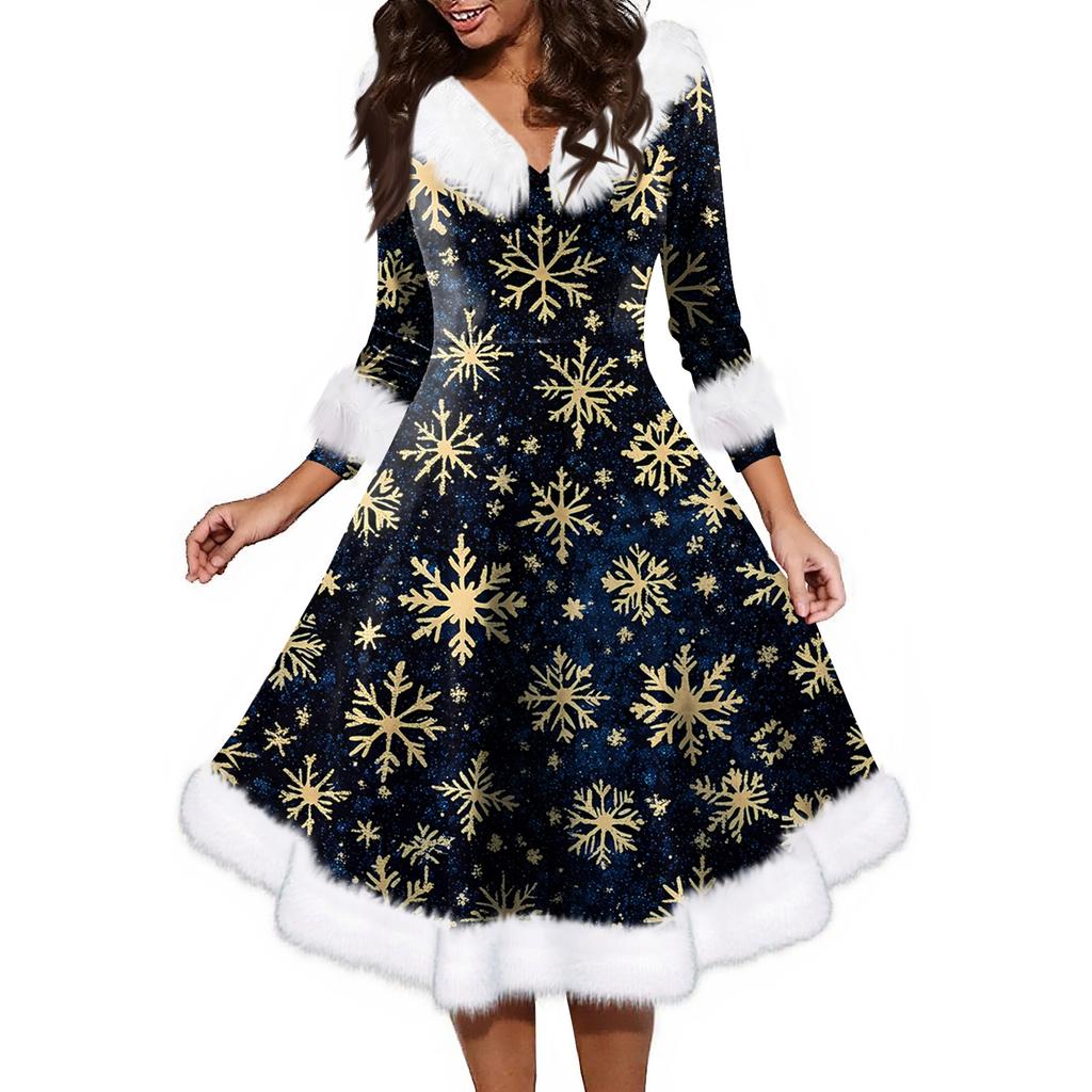 Women's Fashion V-neck Casual Fit Christmas Print Party Long Sleeve Dress