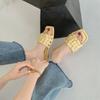 Sheepskin version of marshmallow square head leather woven slippers for women wearing new flat bottom one word lazy cool slippers for summer women