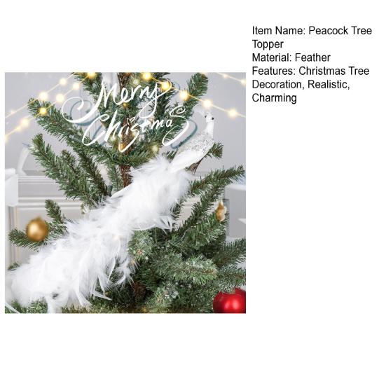 16in White Peacock Tree Topper Artificial Long Tail Glitter Peacock Clip Ornaments Faux Simulation Feathered Peacock for Christmas Tree Decor