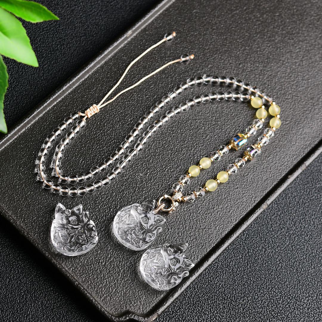 Adjustable White Crystal Fox Pendant Beaded Rope Lanyard Crystal List