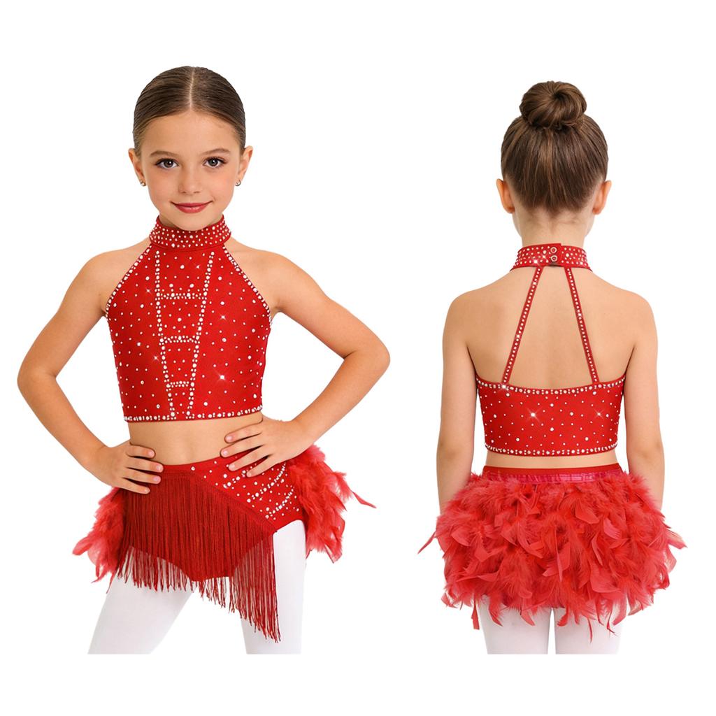 Trblietavý tanečný kostým s perami a strapcami pre deti, dievčatá: Crop top s halter krkom a prekríženým chrbtom a elastickou sukňou pre javiskové vystúpenie