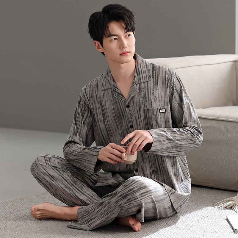 Pure Cotton Pajamas Men'S Loungewear Spring Suit Cardigan Long-Sleeved Plaid Can Be Worn Outside Spring And Autumn Styles