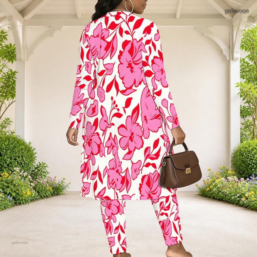 Plus Size Women Floral Printed 3 Piece Set Long Sleeve Open Front Cardigan Crop Top Long Pants