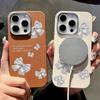 Cute Bowknot Print Leather Texture Slim Magnetic Case For iPhone 16 Pro Max 15 14 Pro 13 12 11 for MagSafe Shockproof TPU Soft Matte Phone Cover