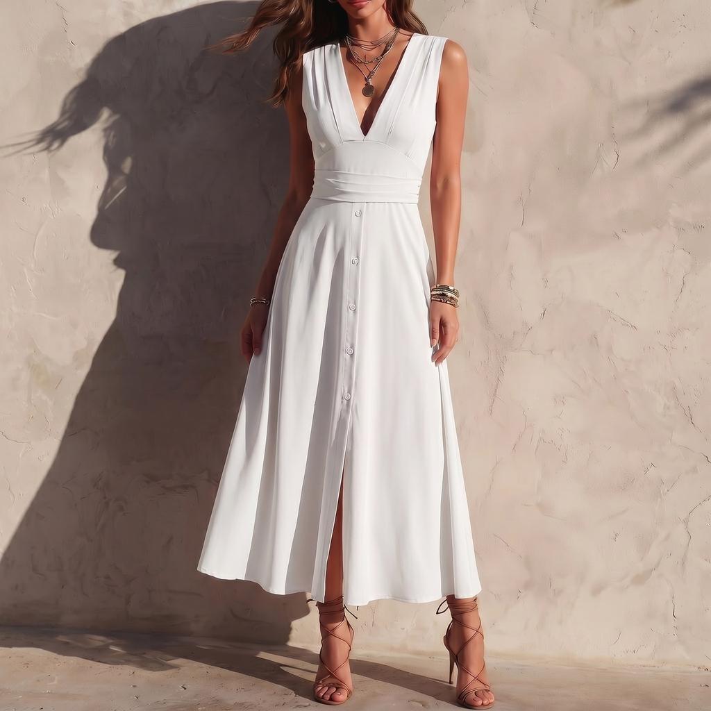 Women Sleeveless Deep V Neck Solid Maxi Dress High Waist Flared Hem Button Front Elegant Long Dress for Daily Wear