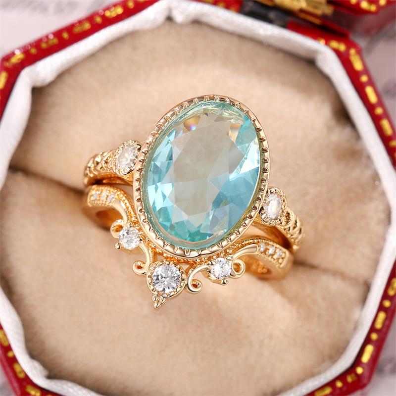 Huitan Elegant Sky Blue Set Rings for Women Vintage Gold Color 2Pcs Aesthetic Pattern Lady's Accessories Party Gift New