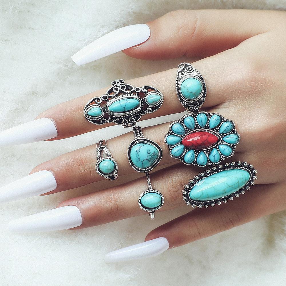 Ethnic Style Retro Carved Feather Ring Fashionable 8-piece Combination Ring Set