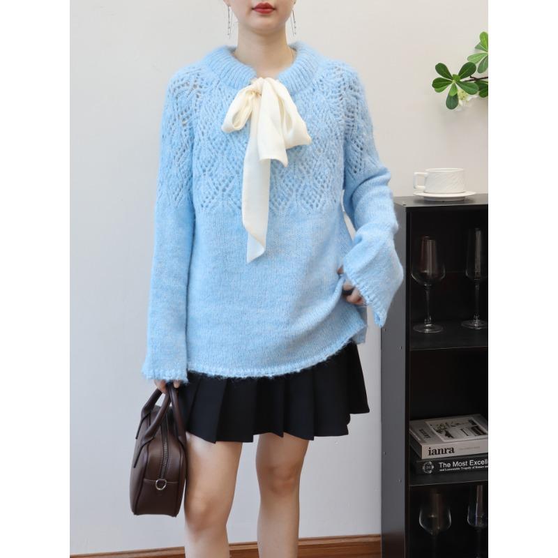 Hollow design lace-up bow sweater pullover autumn and winter new temperament gentle knitted sweater top women