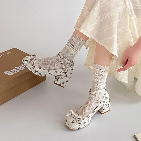 Shallow thick heel single shoes Mary Jane shoes women's 2025 spring new fairy style small man height increase French bow