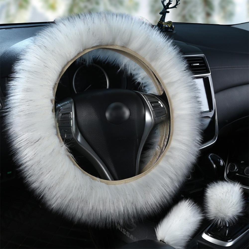 3 Stuks Effen Zacht Warm Lang Wol Pluizig Stuurwielhoes Wol Handrem Auto Accessoire Schapenvacht Pluche Beschermhoes Set