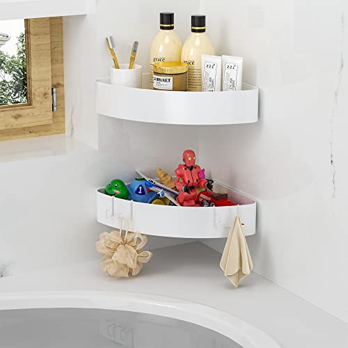 Orimade Magnetic Bathroom Corner Rack with 4 Hooks, White, Approx. W34 X D23 X H8cm, Bathroom Rack, Bath Toy Storage, Shower Hooks, Two-Tier Drainer