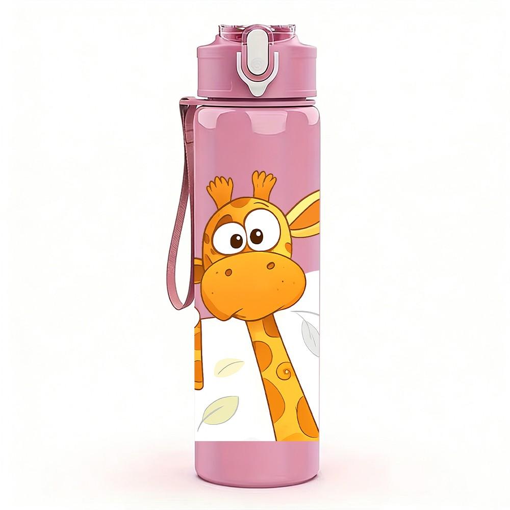 1PC Cute Giraffe Cartoon Print 750ml Color Plastic Sports Water Bottle Leakproof Flip Straw Lid Suitable for Sports Office Home Use
