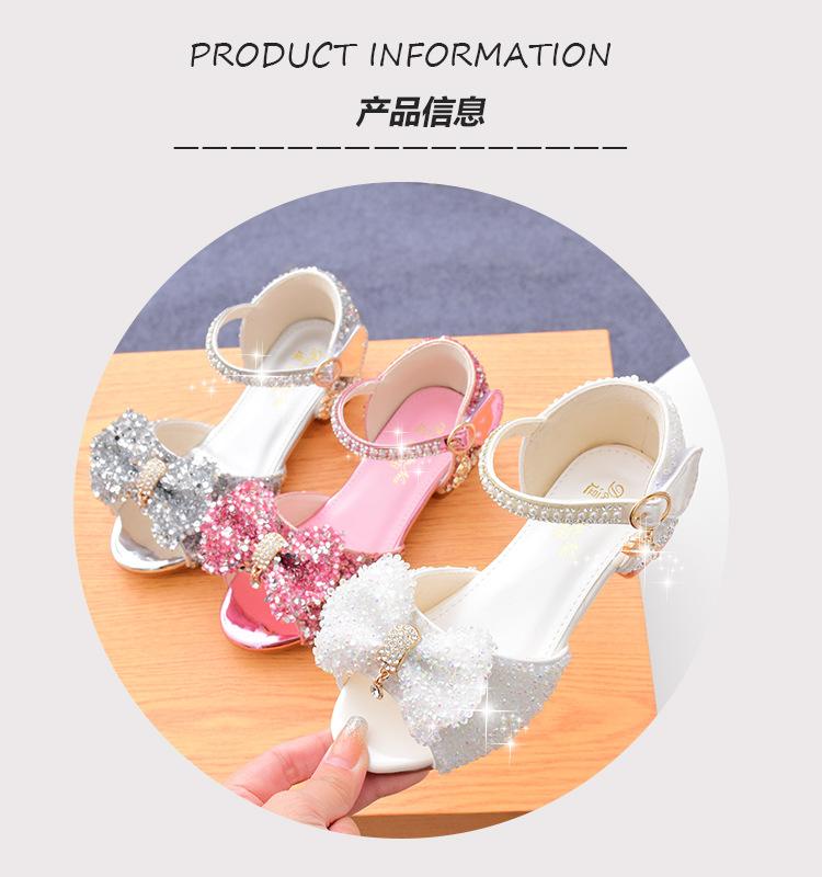 Children's Sandals Summer New Kids Crystal Bowknot Girls High Heels Soft Soled White Princess Wedding Performance Shoes