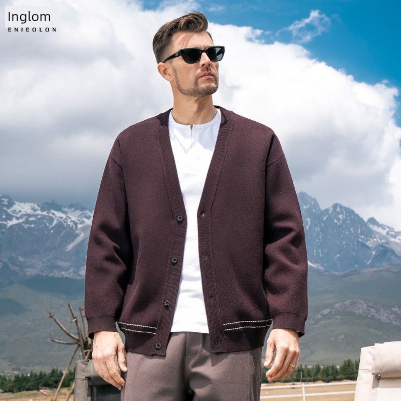 

Yingjuelun Retro V Neck Cardigan Knitwear for Men 2025 Autumn and Winter New Style Lazy Style Stripesd Buttoned Long-Sleeved Knitwear Smoke purple L