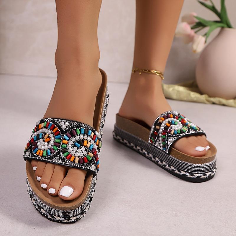 Fashion Fashion Rhinestone Platform Slippers Summer New Round Toe Open Toe Non-slip Wear-resistant Flat Slippers