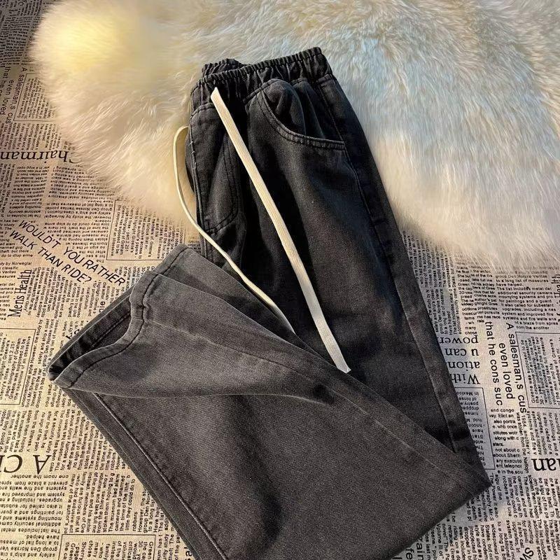 Women's Light Blue Elastic Waist Drawstring Jeans - Slim, Loose, Straight, Wide-Leg Casual Pants for Spring & Autumn