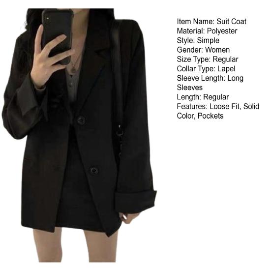 Veste de costume à revers pour femme, manches longues, simple boutonnage, poches, design, couleur unie, ample