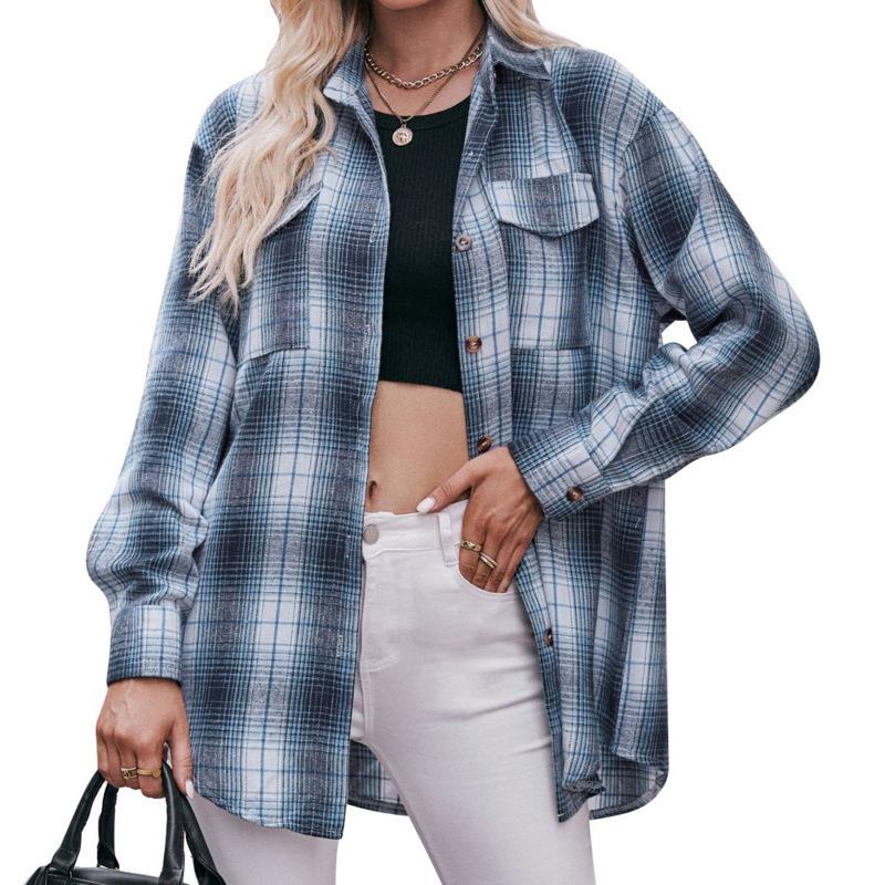 2025 Women's Cross-Border European and American Loose Plaid Pocket Shirt - Autumn/Winter Casual Fashion.