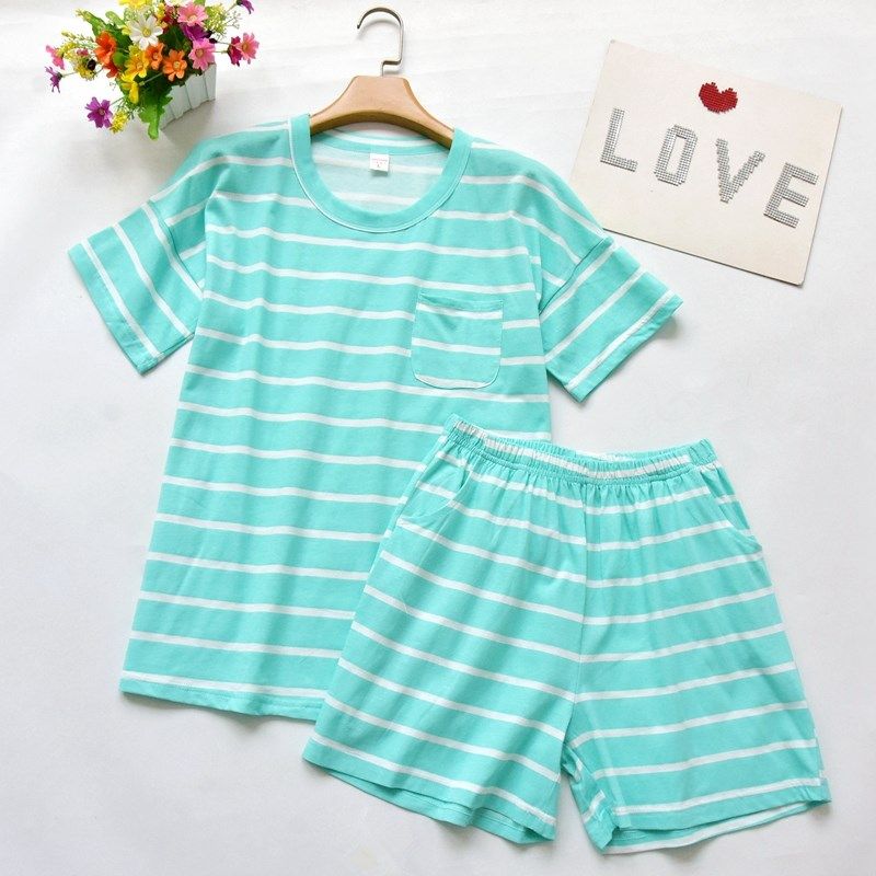 

Women s Cotton Stripe round-Neck Comfortable Homewear Shorts Light green(Stripes) L