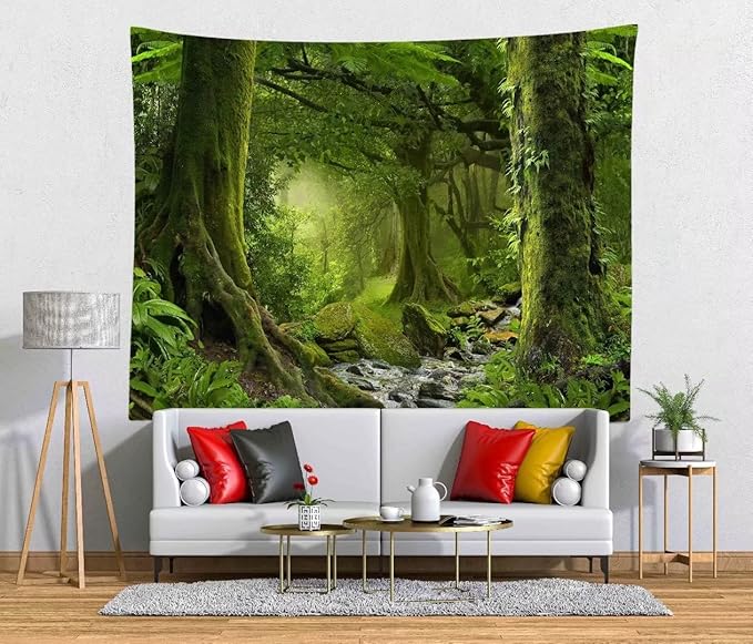 Grüner Wald Wandteppich Kulisse Kleiner Wasserfall Wandteppich Naturlandschaft Fluss Bach Wandbehang Waldlandschaft Wandteppich