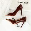 Shallow Heeled High Heels for Women, Pointed Iron Toe Decorative Super High Heels, Patent Leather Single Shoes
