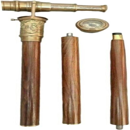 Brass Telescope Compass London Hidden On Top Wooden Walking Stick Canes
