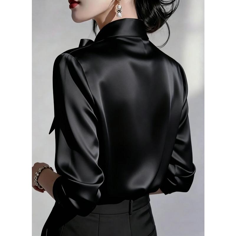 Elegant Satin Bow Tie Blouse for Women Long Sleeve Formal Office Shirt