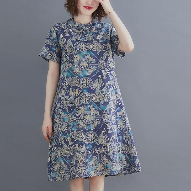 

2023 Summer Retro Plus Size Cotton Linen Print A-line Qipao Dress Large