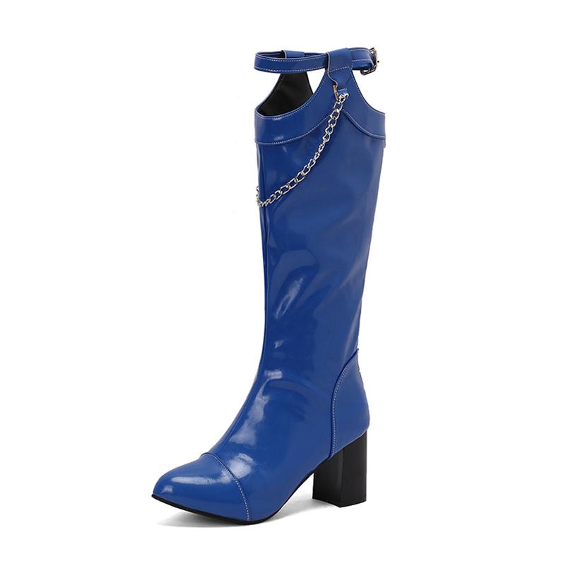 FOREADA Women Knee High Boots Round Toe Chunky High Heels Chain Buckle Zipper Long Boots Ladies Fashion Shoes Autumn Winter 46
