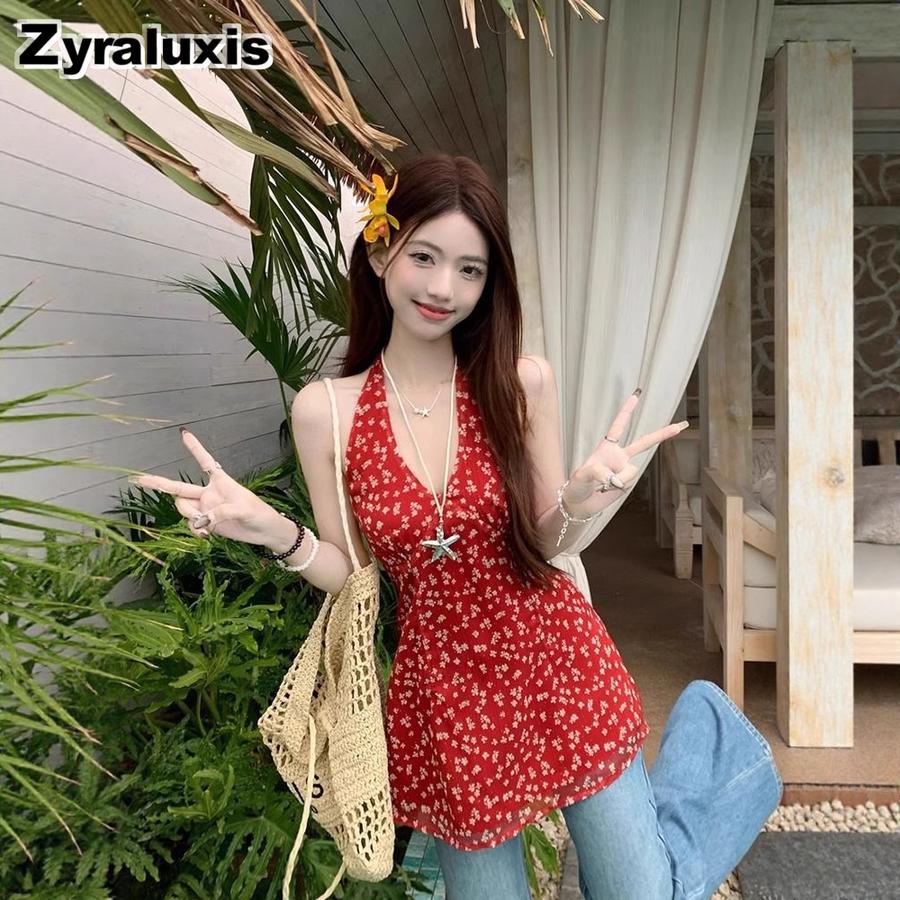 Sweet & Spicy Red Floral V-Neck Vest Dress Summer New Style Waist Slimming Layered A-Line Short Skirt Women