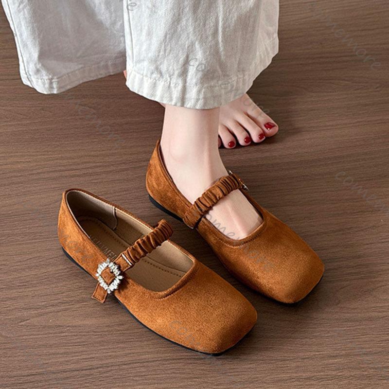 Fashion Comemore Spring Autumn Flat Single Shoes Suede Solid Square Head Mary Jane Shoe Rhinestone Buckle Temperament Flats Mocasines