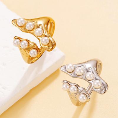 French Retro Geometric Irregular Stainless Steel Ring with Baroque Pearl - Adjustable Women's Statement Jewelry