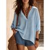Women V Neck 3/4 Sleeve Linen Cotton Blouse Loose Casual Solid Color Summer Tops