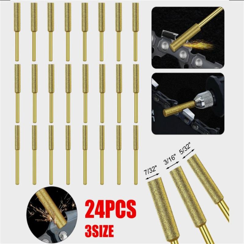 

24 шт. Алмазная точилка для бензопилы, заусенец, камень 1/8 дюйма, хвостовик, точильный камень для бензопилы, шлифовальный инструмент для электрической резьбы по камню (5/32 дюйма 3/16 дюйма 7/32 дюйма)