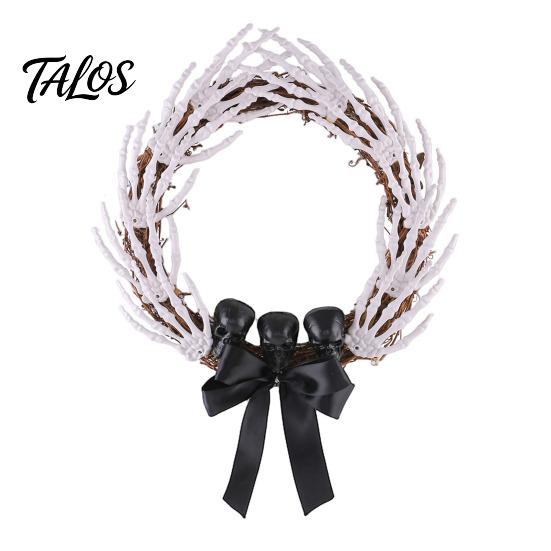 Bone Rattan Decoration Halloween Skeleton Hand Wreath for Front Door, Gothic Spooky Hanging Garland Scary Door Decor with Black Bow And Skulls