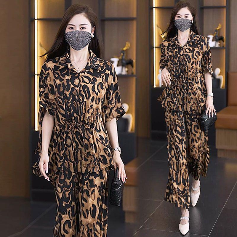 

Летний комплект большого размера с леопардовым принтом: Омолаживающий топ и свободные широкие брюки 3XL (140-160 jin)