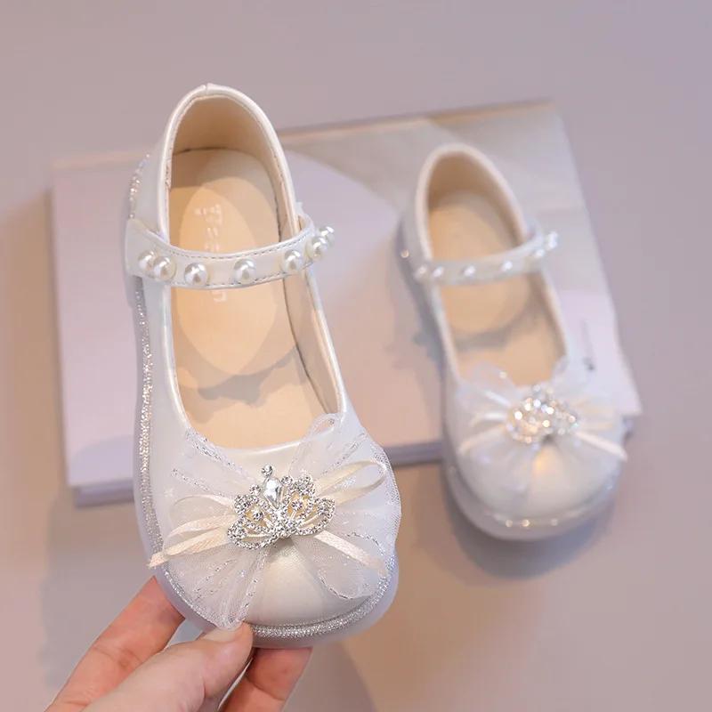 Spring Autumn Girls' Shoes Sweet Kids Leather Shoe Crown Bowknot Children Princess Fashion Flats Shoes for Dance Party Versatile
