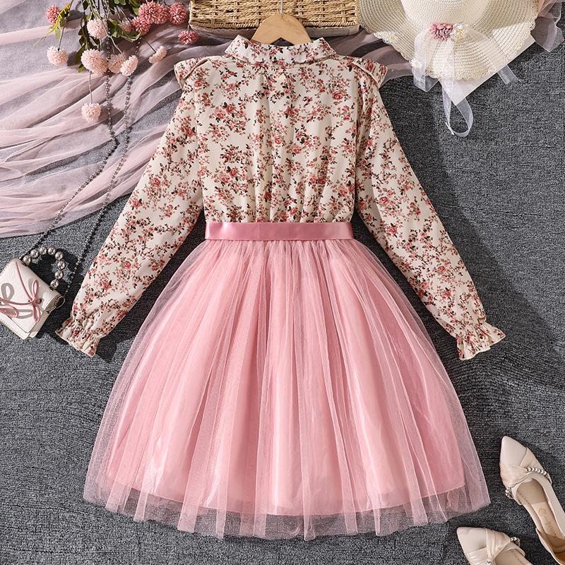 Girls' Big Kid Floral Lapel Mesh Princess Dress - Autumn 2025 Edition