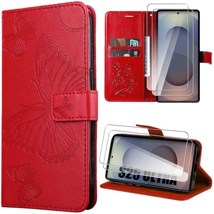 Coque de protection - BOOLING - pour Samsung Galaxy S25 Ultra - Synthécuir Rouge - Motif Papillon - 2 Verres Trempés