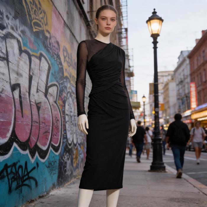 

2026 Autumn/Winter Retro French Sheer Slimming Hip-Hugging Dress with Inner Layer XL