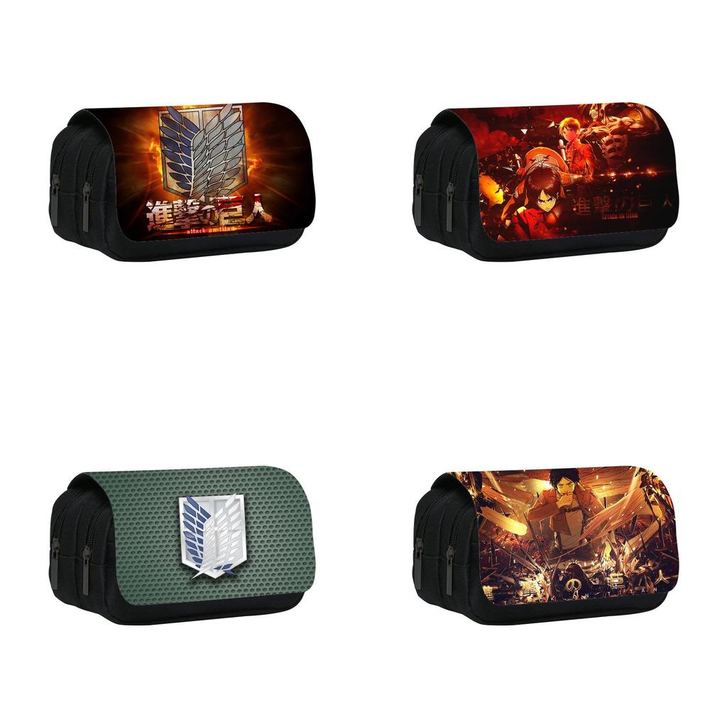 Attack On Titan Anime Pattern Double Layer Flip Cover Stationery Bag For Students And Office Use