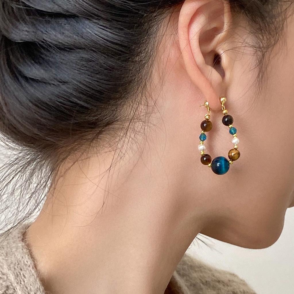 Bohemian Style Turquoise Tiger Eye Stone Pearl Earrings for Women Vintage Handmade Beaded Earrings Charm Jewelry Holiday Gift