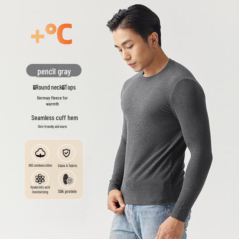 

Мужская бесшовная теплая рубашка с длинным рукавом - круглый вырез, немецкий бархат, гиалуроновая кислота, повседневная одежда класса А для осени и зимы 3XL (180-200 jin)