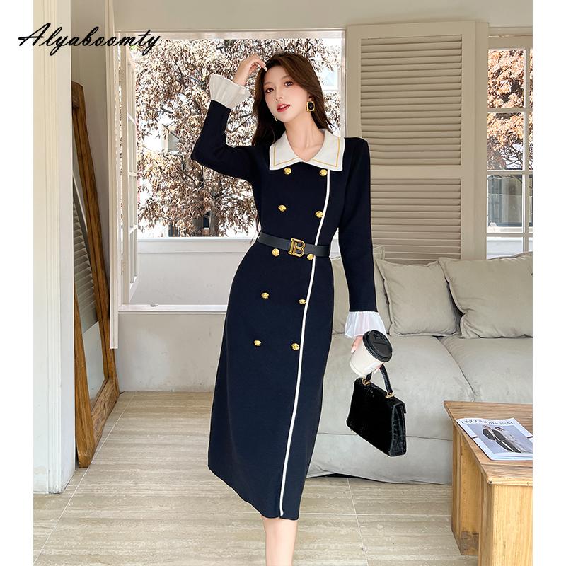 Office Lady Fall Winter Women Knitting Dress Turn-Down Collar Contrast Color Knitted Dress Flare Sleeve Elegant Fashion Warm Sweater Dress With Belt