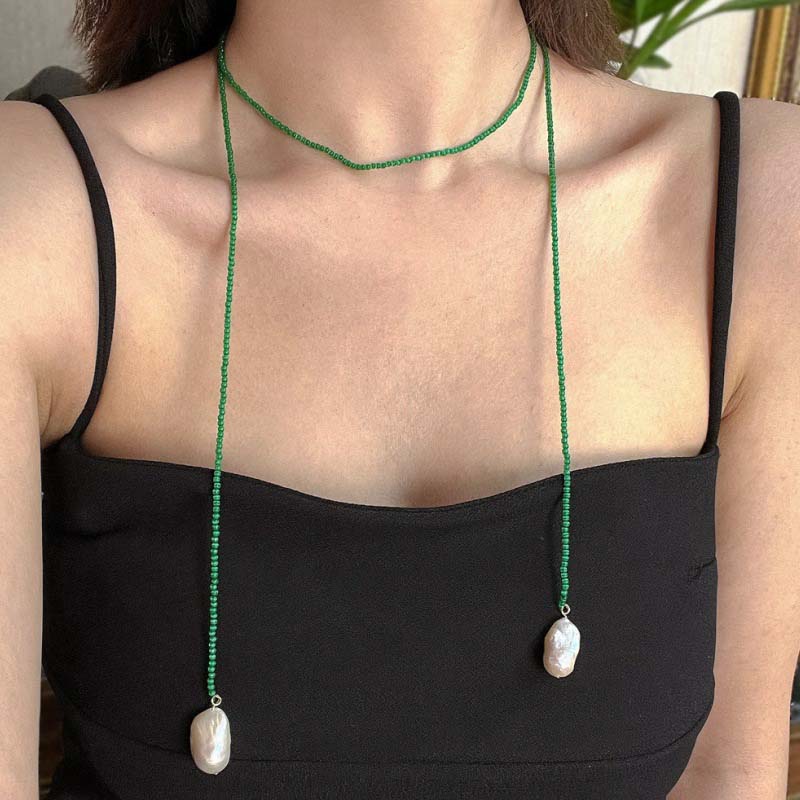 Vintage Grüne Kristallperlen Anhänger Halskette für Damen Mode Handgefertigt Perlen Lang Verstellbare Halskette Zirkon