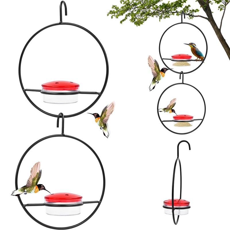 M-Modern-Circular Hanging Bird Feeder, Stackable Hanging Humming Bird Feeder With Metal Frame Red Plastic Bowl Durable Easy Inst