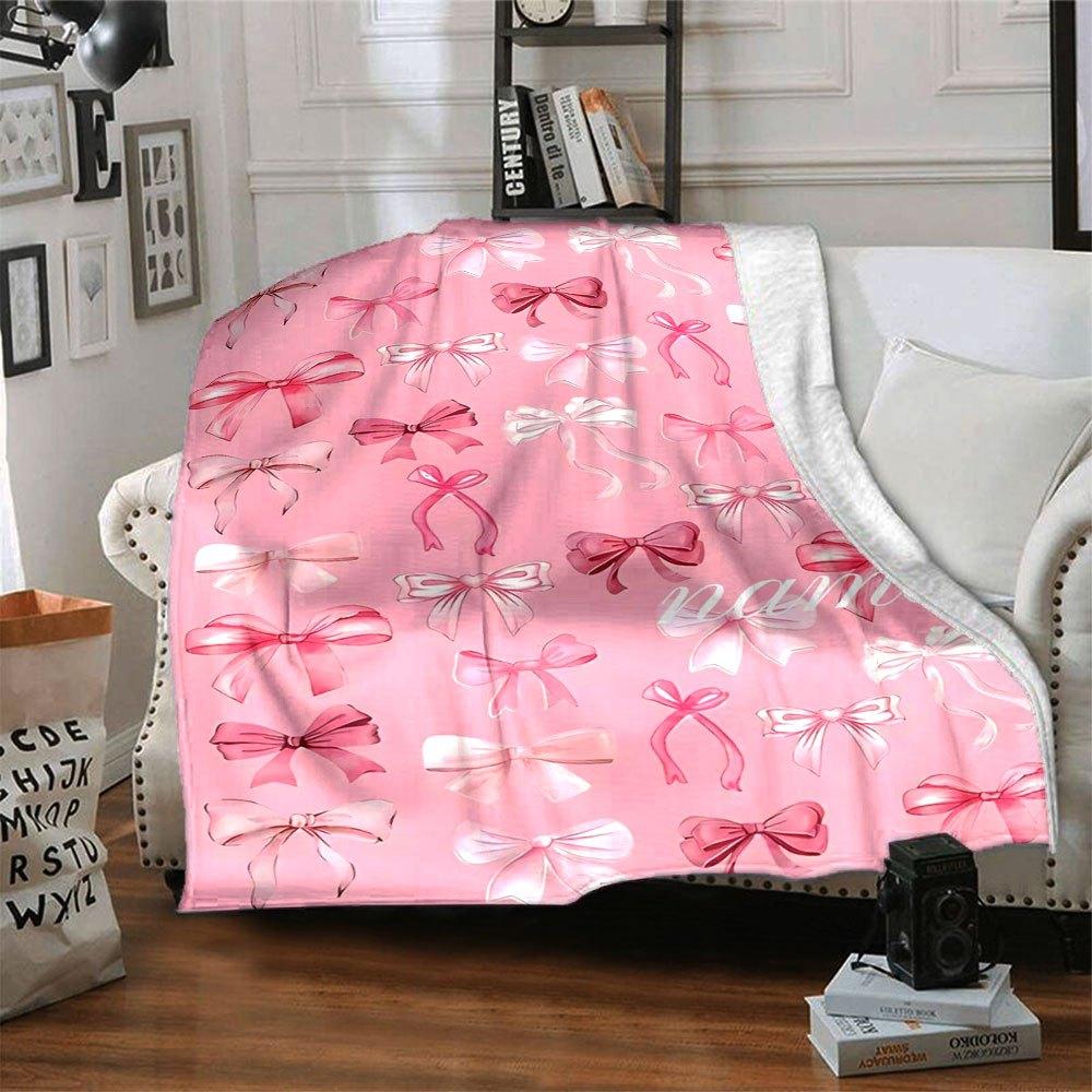 Pink Ribbon Bows Collection Multi Purpose Personalized Blanket Personalized Text Soft Cozy Great For Sofa Couch Office Bed Picnics For All Occasions