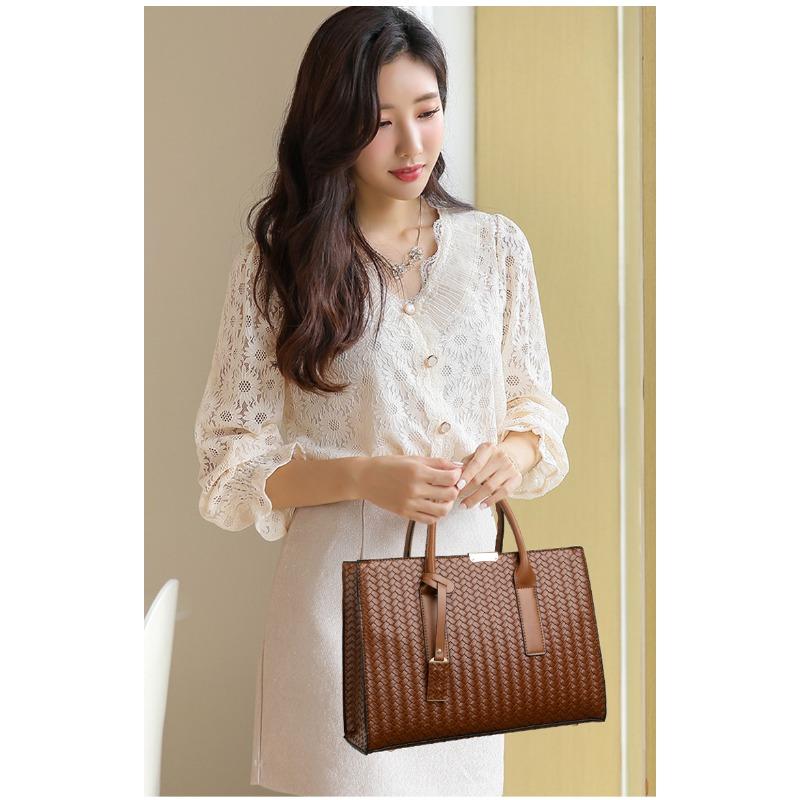 Women Woven Leather Tote Bag Large Capacity Handbag Top Handle Satchel Shoulder Bag for Work Business Daily